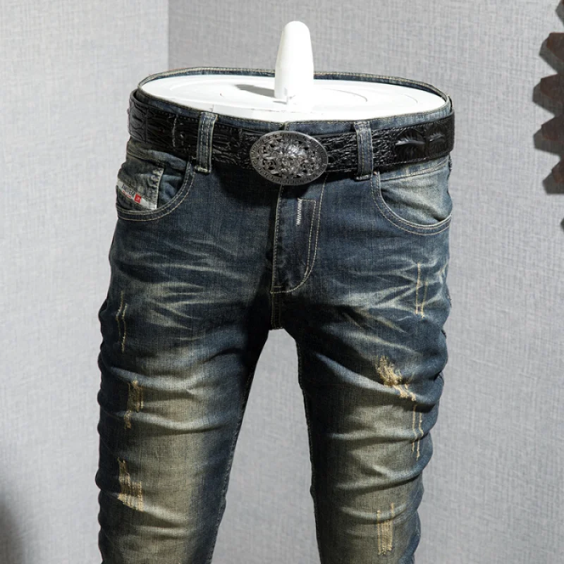 

JXN802 Slim trend versatile high quality nostalgic retro colour elastic hole jeans male Slim small leg trousers