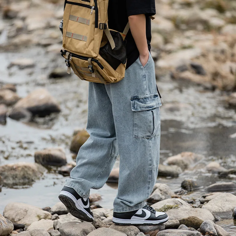 2025 Spring And Autumn Vintage Wide Leg Big Pocket Overalls Men Y2K Neutral Loose Straight Leg Casual High Street Hip Hop Jeans