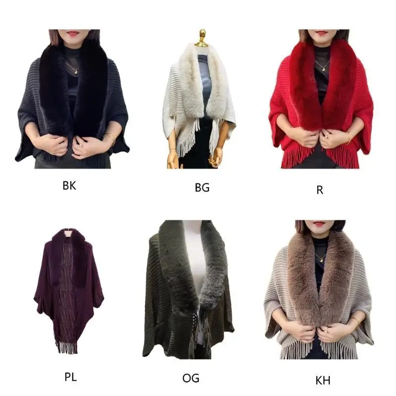 

652F Warm Furry Faux Furs Collar Shawls Wraps Cardigan Sweater Coat Women Fringe Sleeve Ponchos Cardigans Outerwear