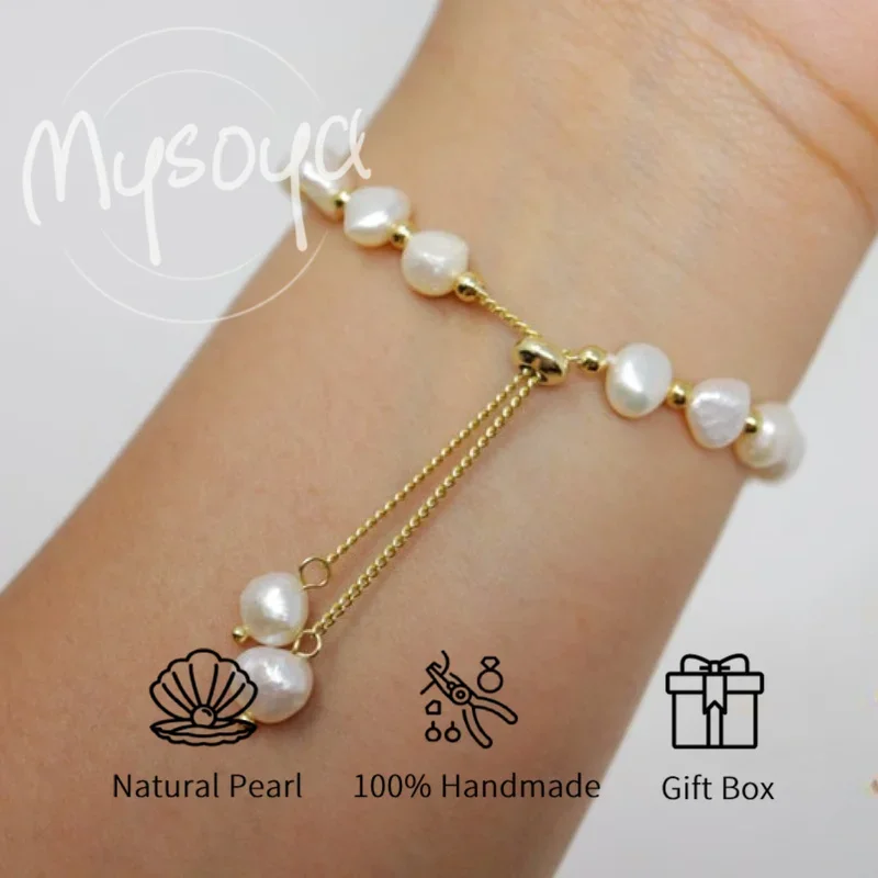 

MYSOYA 5-6mm White Baroque Freshwater Pearl Bracelet For Women With Gift Box Perfect Birthday Wedding Anniversary Jewelry Gift