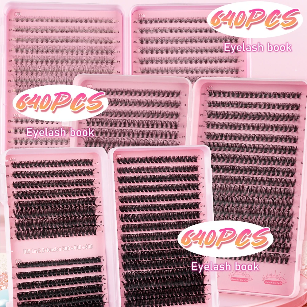 

640 Lash Clusters(10D-80D), Fluffy Thick, 0.05/0.07/0.10mm, All Eye/Skin, Anime/Big Eye, DIY, Valentine'sGift for Mom/Girlfriend