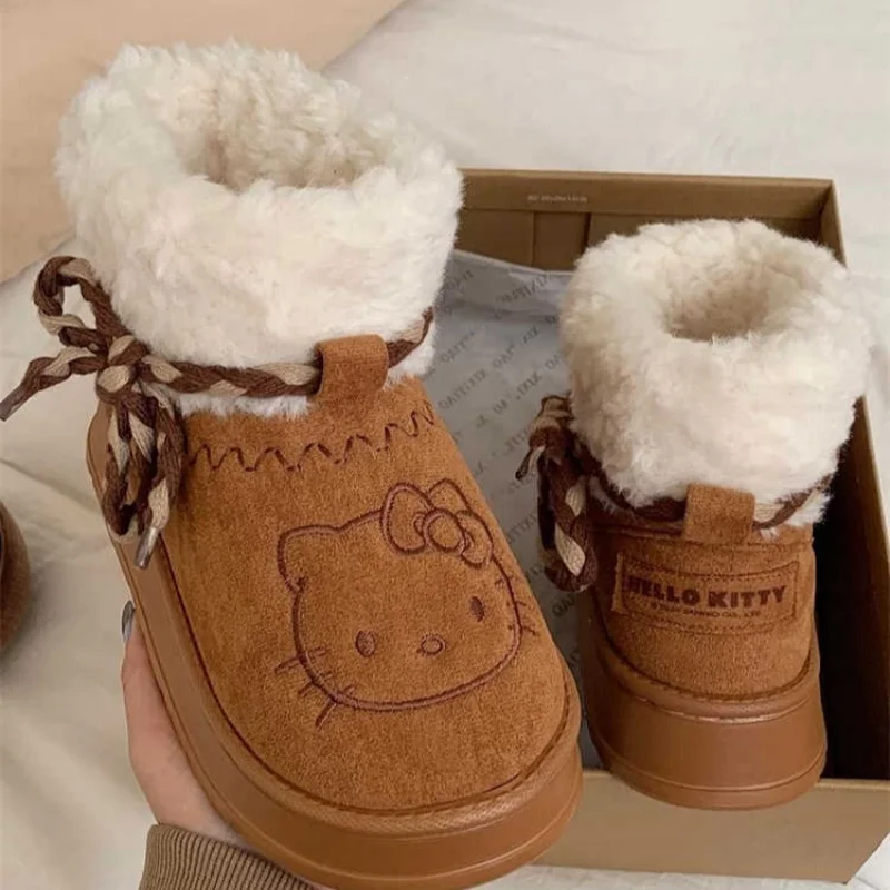 Hot Sanrio Hello Kitty Snow Winter Girl Plush Snow Booties Keep Warm Slippers Shoes Non-Slip Sneaker Outdoor Warmth Snow Boots