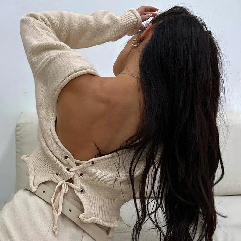 2024 Summer New Solid Color Tie-Back Reversible Knit Crop Top for Women Backless Fall Winter New Arrival