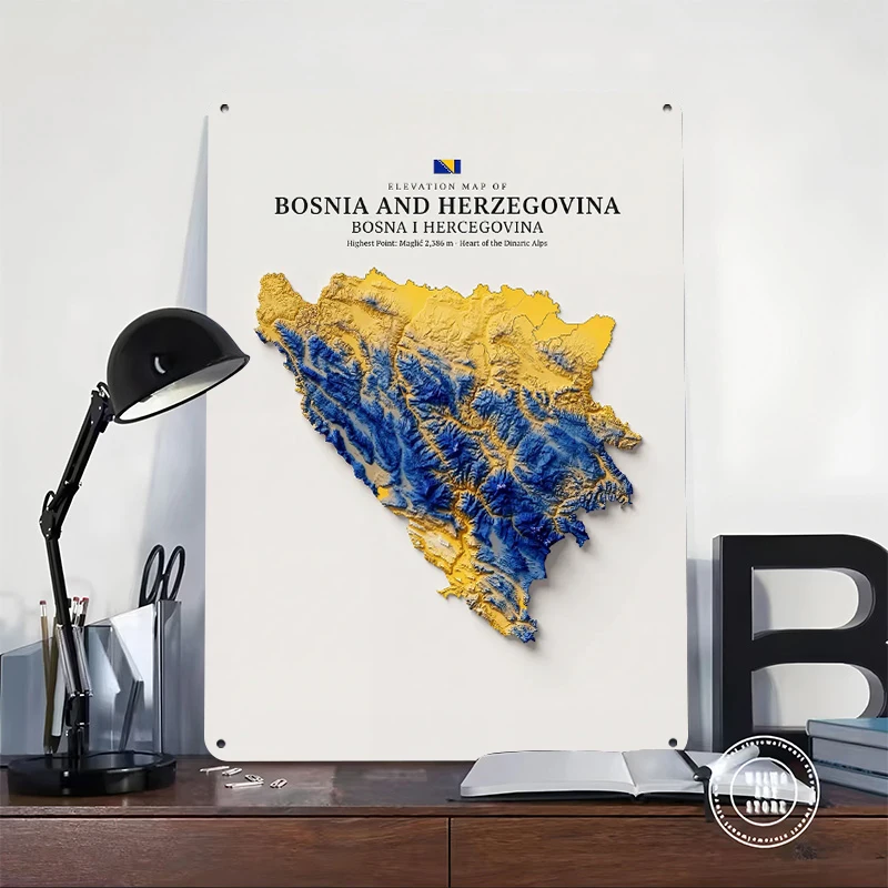 Bosnia and Herzegovina Elevation Map Tinplate Poster Customized Wall Art Retro Vintage Metal Signs for Fans Bathroom Decor Room