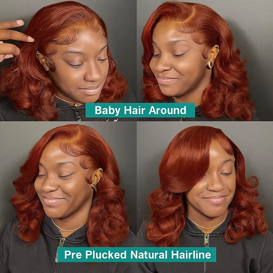 البني المحمر الجسم موجة قصيرة بوب شعر مستعار 13x4 الدانتيل الشفاف الباروكة الأمامية البرازيلي خصلات الشعر المستعار الإنسان 180% الكثافة عذراء شعر ريمي