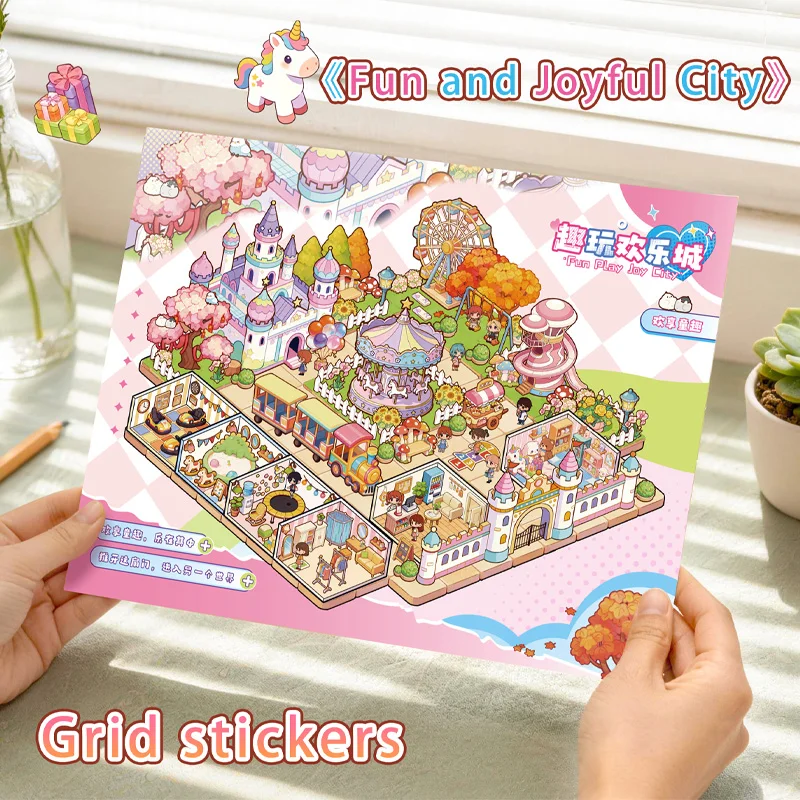 

New Large-Scale Grid-Style Scene Stickers, Themed City Architecture Miniature Scene Stickers, 3D Three-Dimensional House DIY Decorative Stickers