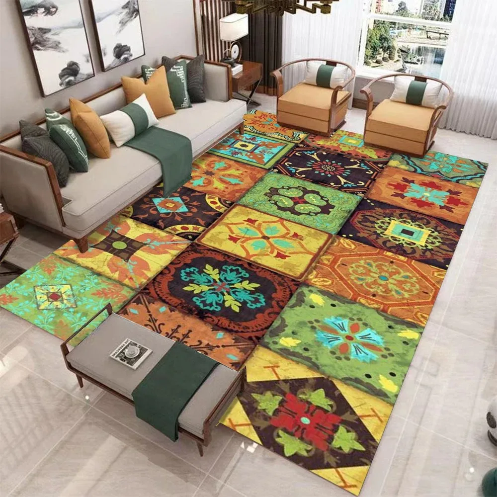 Vintage Colourful Carpet Mat Rug Geometric Pattern Non-Slip Washable Floor Mat for Living Room Bedroom Balcony Home Decoration