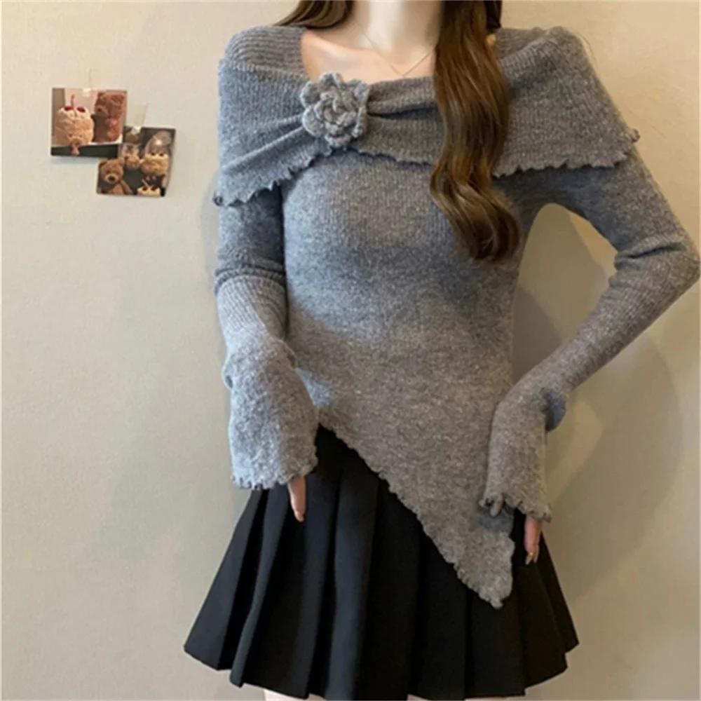 2026 Spring Autumn Women Slim Floral Pullovers Knitwear Female Slash Neck Irregular Sweater Long Sleeve Knitted Basic Short Tops