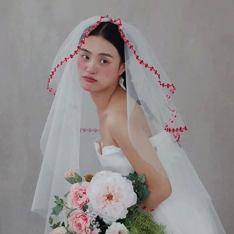 

Свадебная кружевная вуаль для женщин, многослойная фата из тюля для девичника, свадебная фата с цветной ленточной отделкой для
