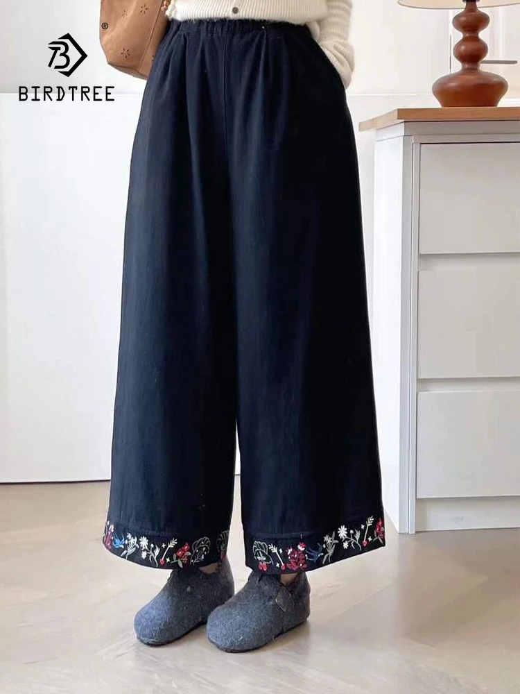 

Новые зимние прямые брюки с хлопковой подкладкой 2025, женские брюки с эластичной резинкой на талии и вышивкой, французские возрастные брюки Mori Girl B5N759CC