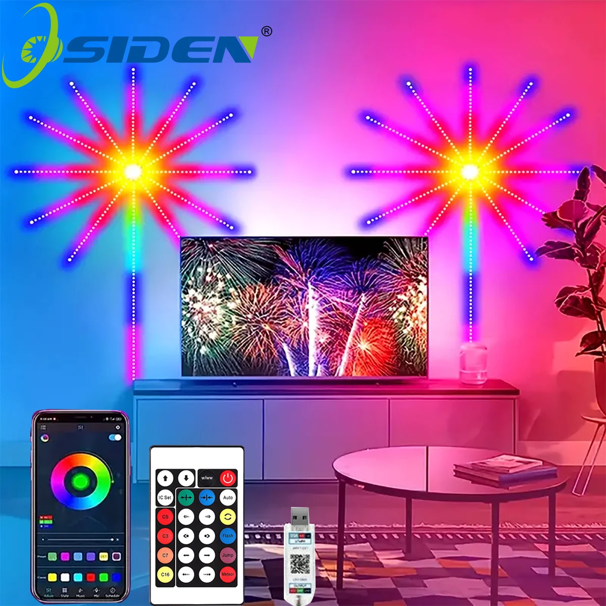 

RGBIC Fireworks Light Bedroom Decoration Smart Fireworks Strip USB powered For Christmas Indoor Party Ramadan Holiday Lights