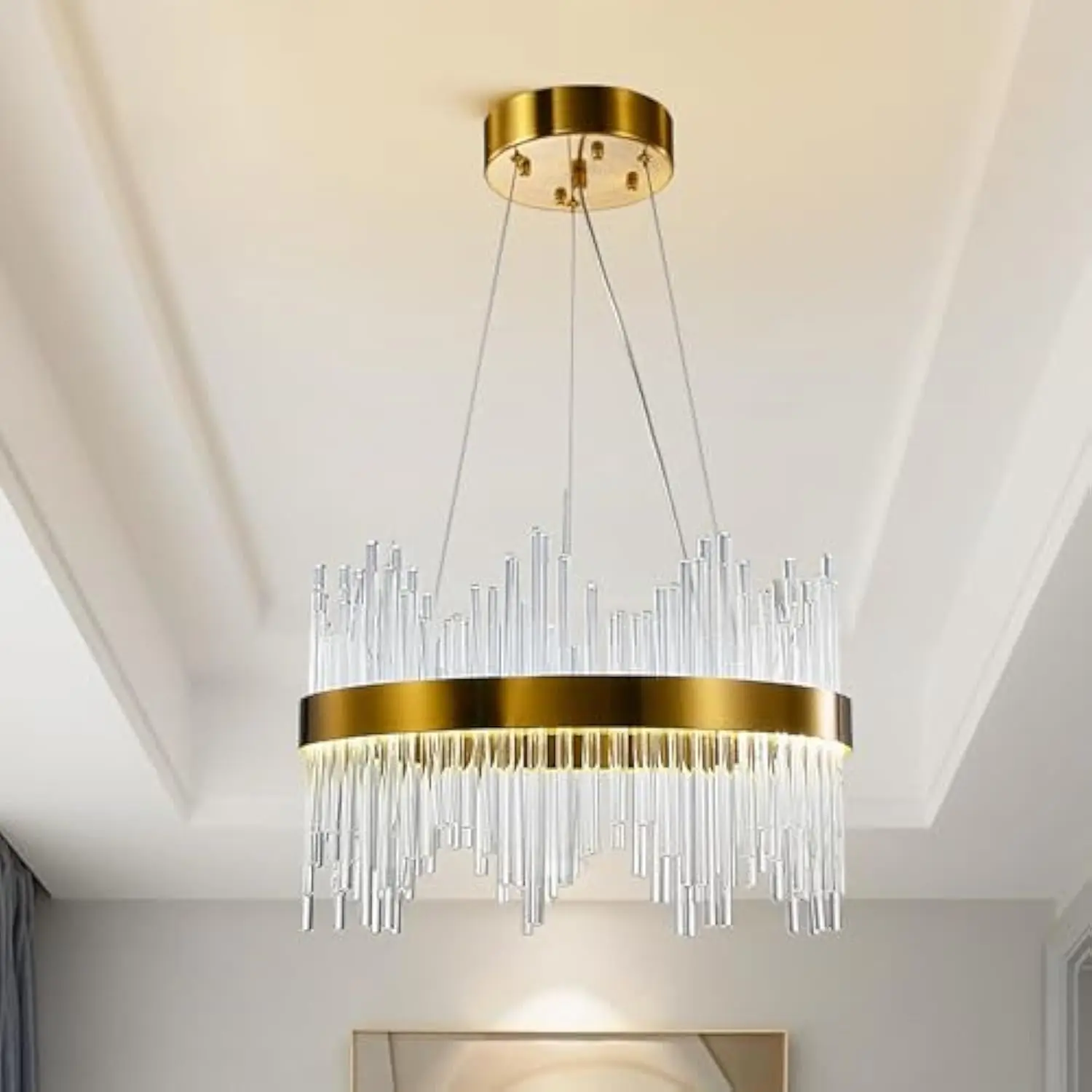 

Modern Crystal Chandelier, Round Gold Led Crystal Hanging Ceiling Light, Three Color Temperatures Pendant Lights Fixture for D