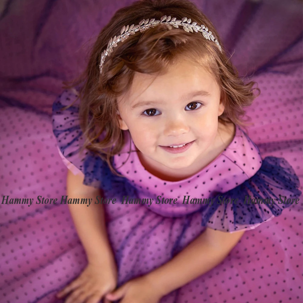 Vestido de fiesta de flores para niña, vestido de fiesta de cumpleaños, cuello redondo, lunares, tul