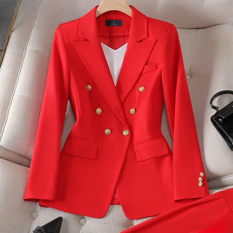 

Bright Red Women's Two-piece Suit Set Featuring A Double-breasted, Slim-fit Jacket with Pants, Available in Black, White, Pink.