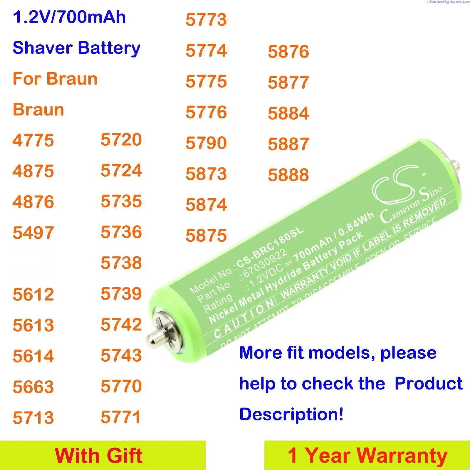 Cameron Sino 700mAh Shaver Battery for Braun 4775,4875,5497,5873,5874,5875,5876,5877,5884,5887,5888,199S,4747,Pro 4745