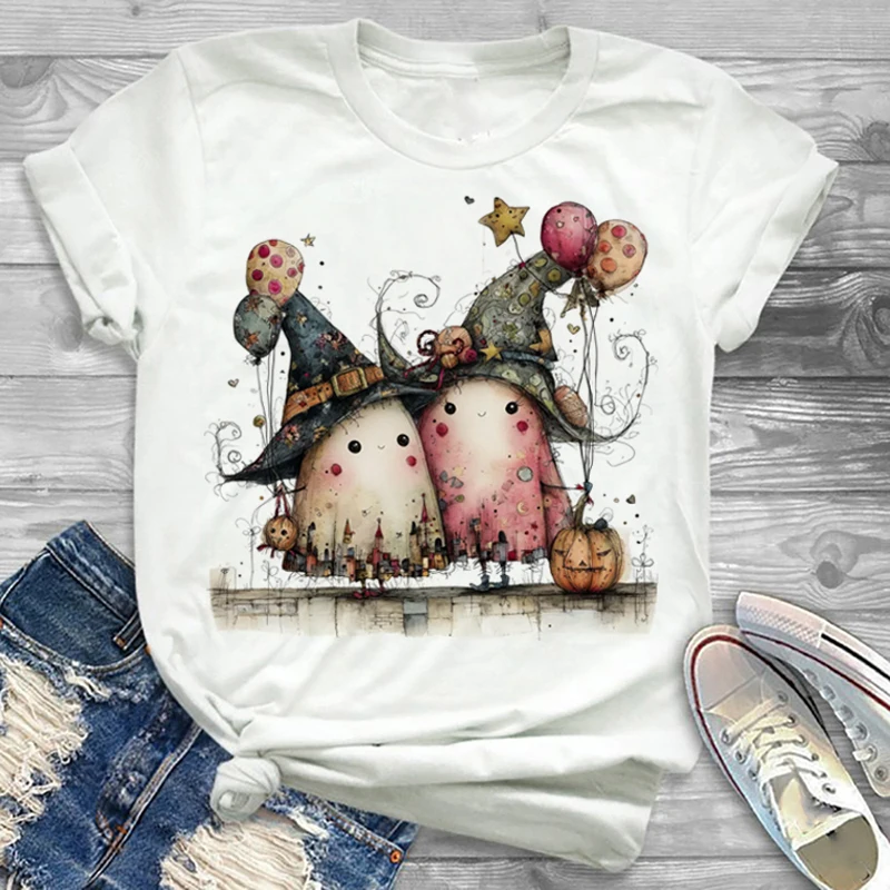 شبح معالج قبعة اليقطين بالون نمط مطبوعة تي شيرت هالوين أعلى الكرتون المرأة المطبوعة نمط لطيف عارضة شعبية تي شيرت