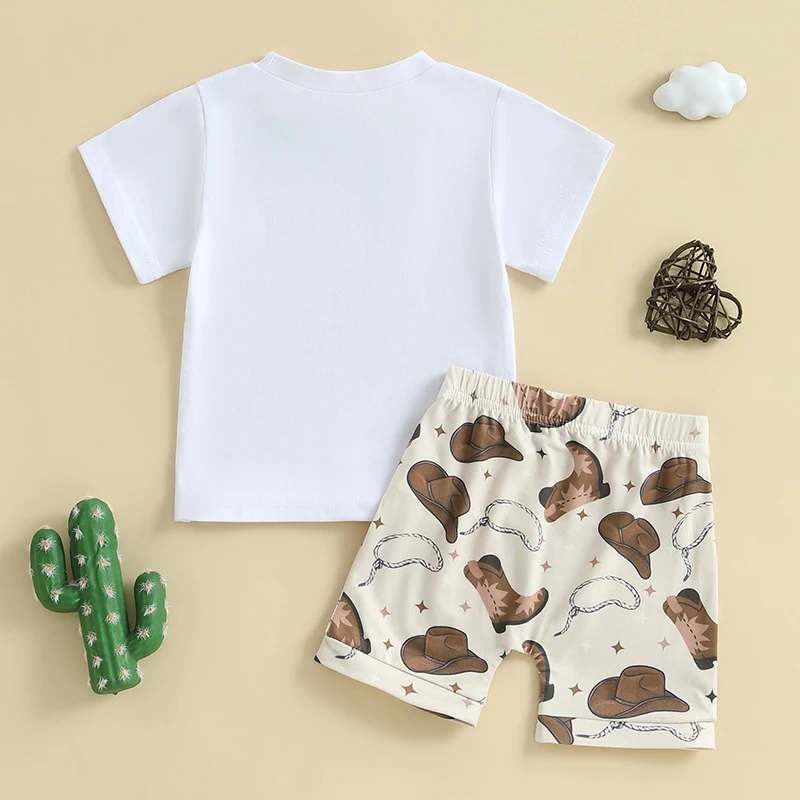 Baby Toddler Boy Western Outfit Letter Short Sleeve T-shirt Boot Shorts 2 Piece Summer Set