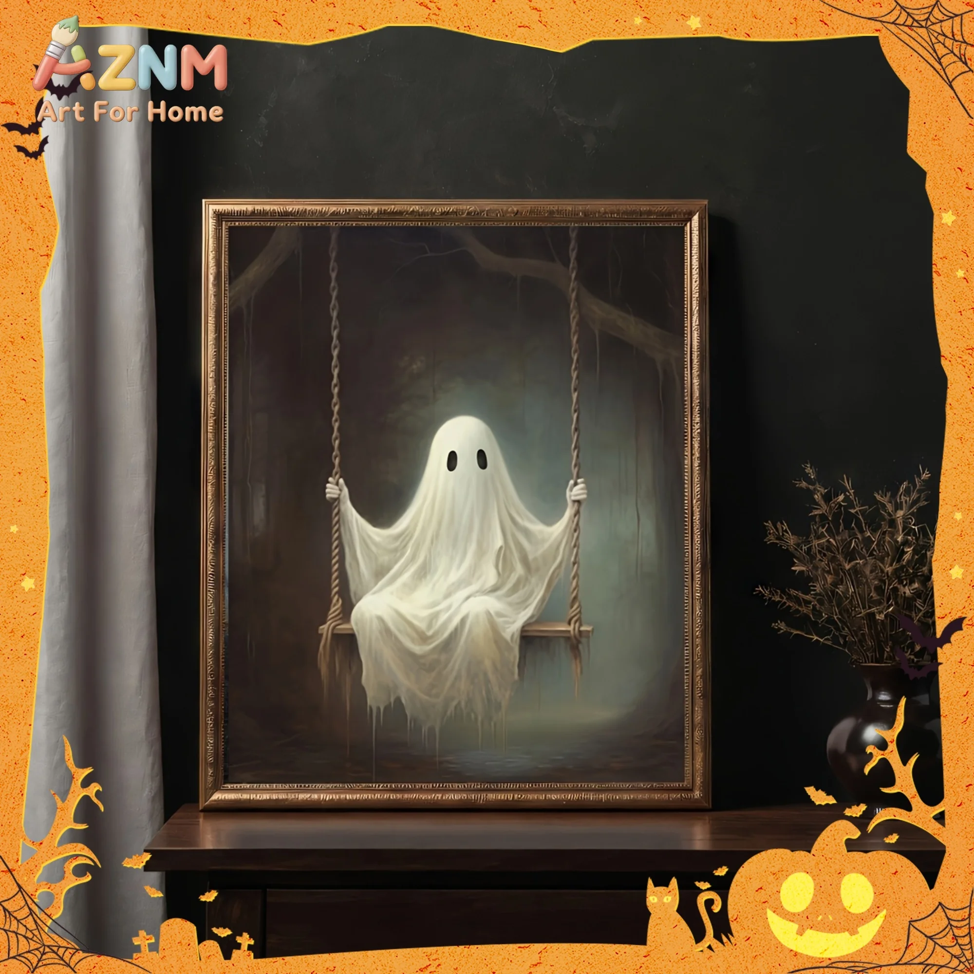 AZNM Cute Ghost On Swing Canvas Wall Art, Vintage Dark Gothic Halloween Poster, Unframed Canvas Painting for Home Room Decor