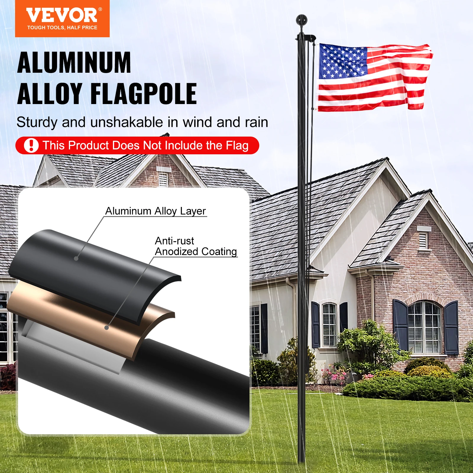 VEVOR 20FT Detachable Flagpole Kit, Heavy Duty Aluminum Alloy Flag Pole Kit in Ground for Outdoor, 3 Display Modes Flagpole