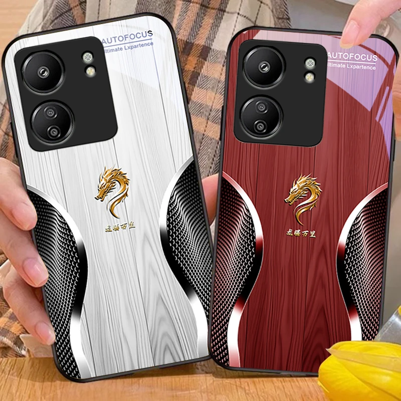 Wooden Dragon Black For Xiaomi Redmi 13C Note13 12 Pro Plus 5G Note 9 13T Pro POCO X6 F5 F6 Black Tempered Glass Phone Case