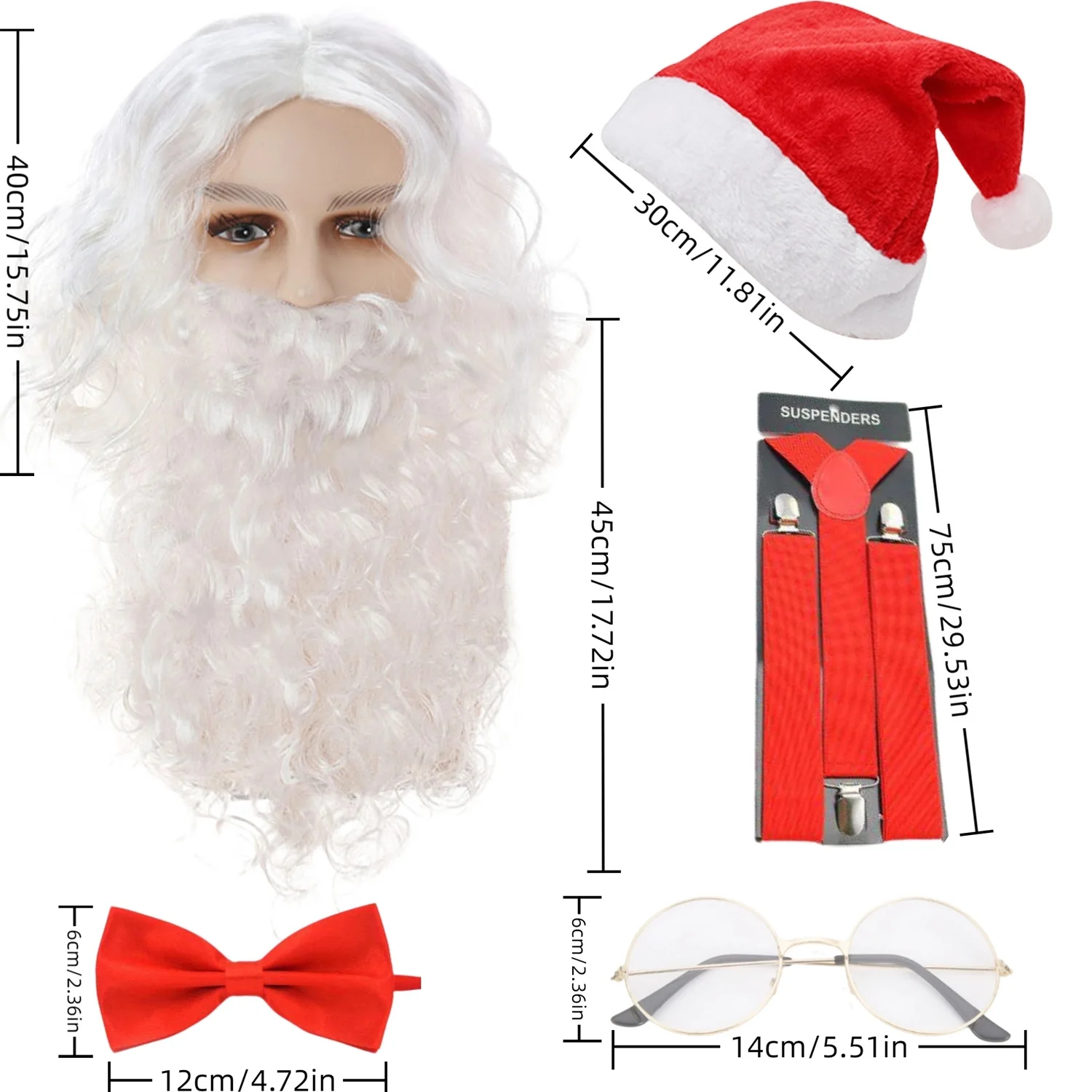PESENAR Accesorio para disfraz de Papá Noel, disfraz navideño de Papá Noel con sombreros de Papá Noel, pelucas, barba, cejas, gafas, guantes, Papá Noel Cl