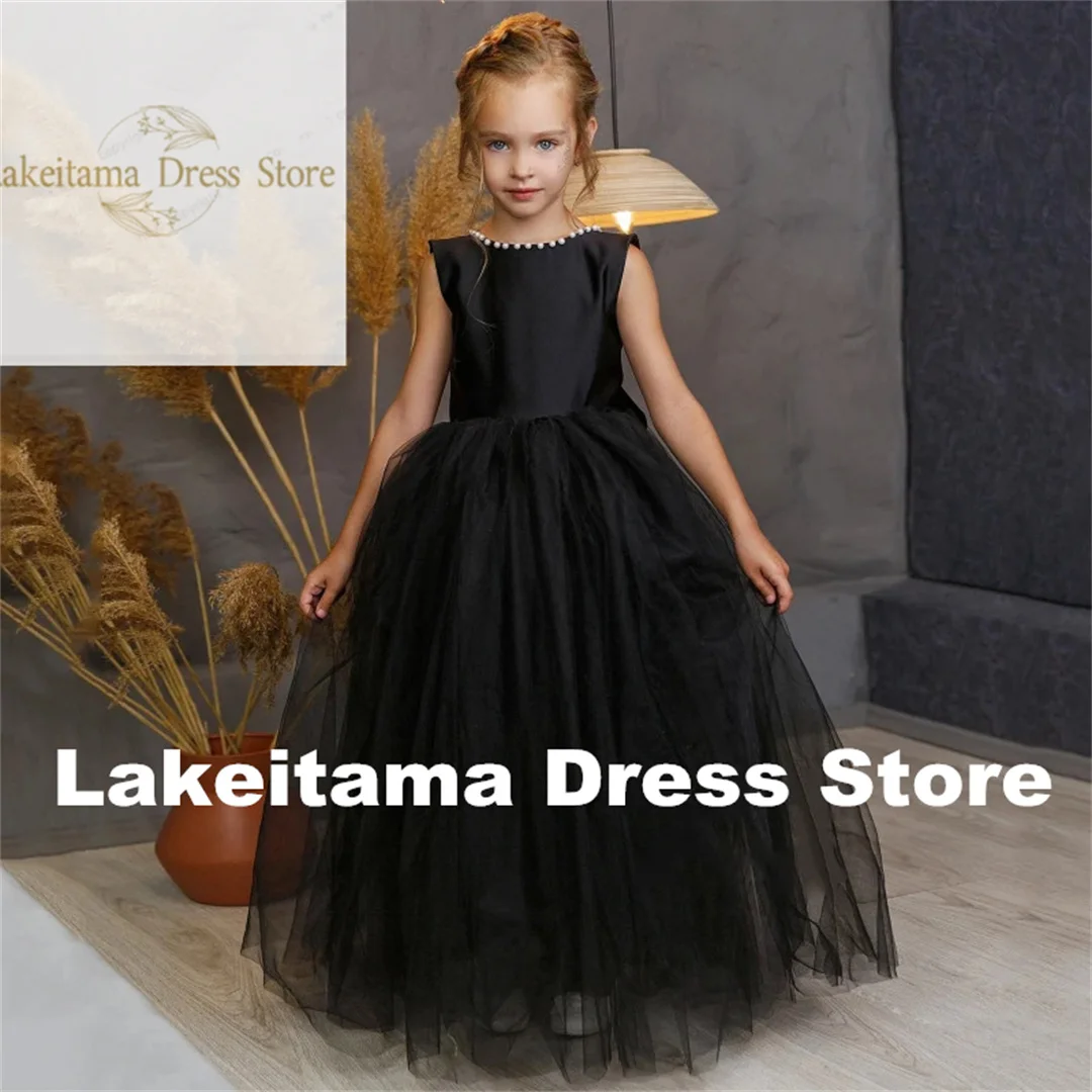 Customization Flower Girl Dresses Black Tulle Pearl With Bow Sleeveless For Wedding Birthday Party First Communion Gowns