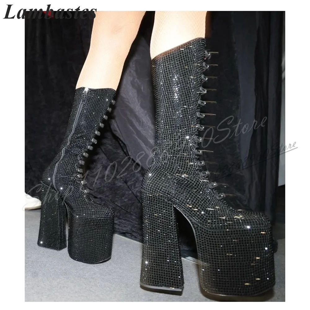 

Sparkling Mid Calf Black Crystal Platform Boots Chunky High Heel Shoes For Women Side Zipper Round Toe 2024 Zapatillas Mujer