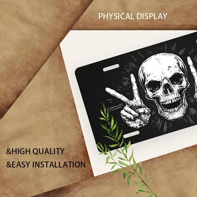 2D flat Metal Sign Skull with Peace Symbol Front Panel Set and Frame - Rock Style, Standard Size, Polished Surface