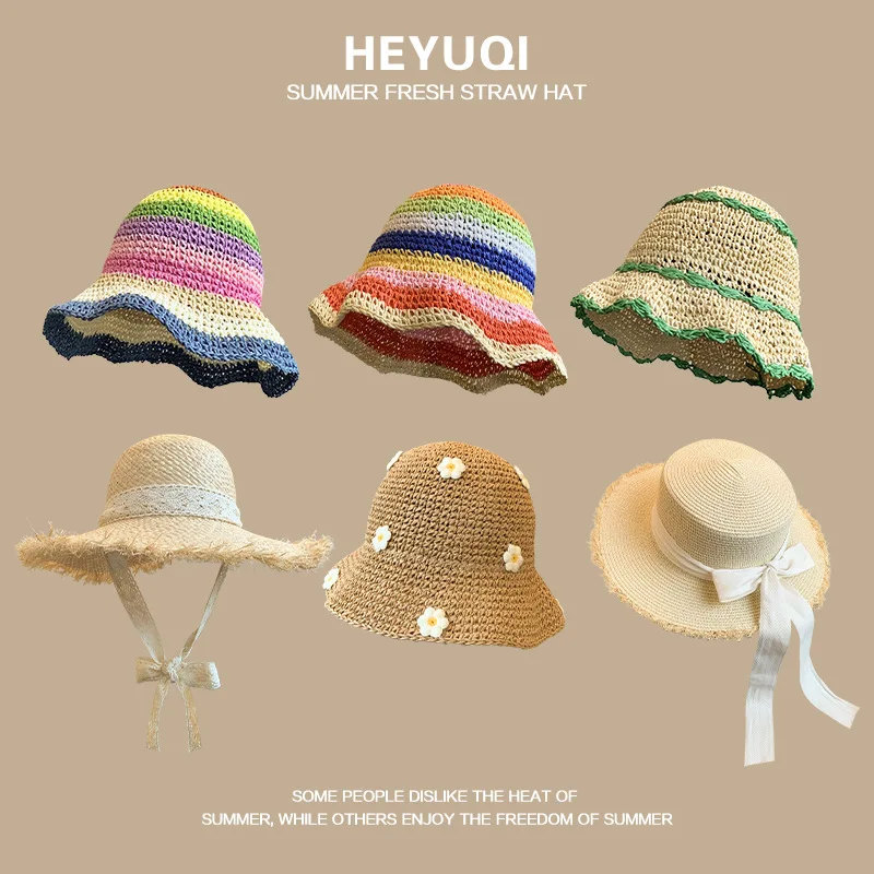 Custom French Lace Raffia Straw Hat Women Summer Beach New Large Brim Sunshade Vacation Hat Hollow Beach Hat