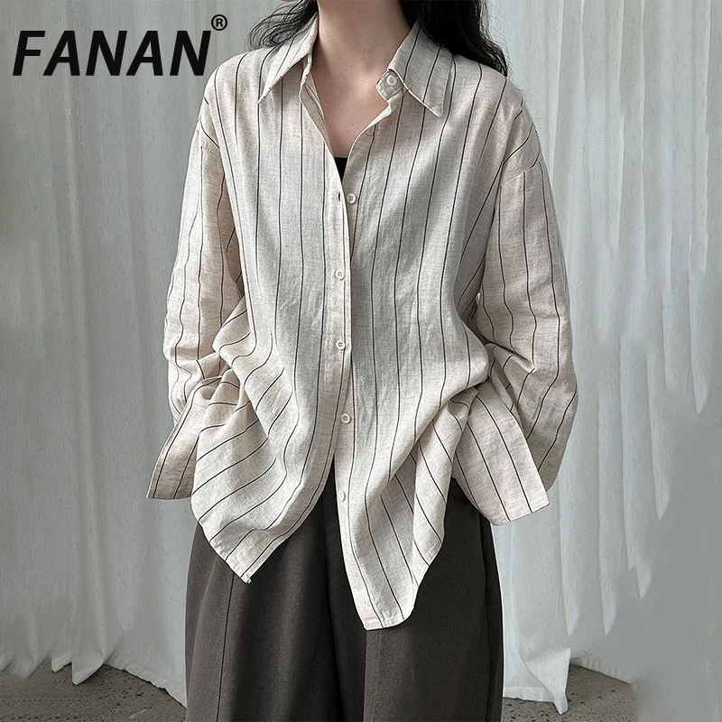 

FANAN Fashion Striped Contrast Color Shirts For Women Lapel Single Breasted Long Sleeve Loose Blouses Female 2025 Autumn New