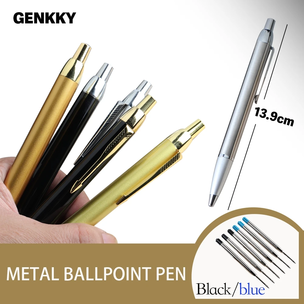 GENKKY Ballpoint Pen Metal Material Press Style Full Metal Ball Pens For School Office Ink Colors Black Blue Writing 0.7mm