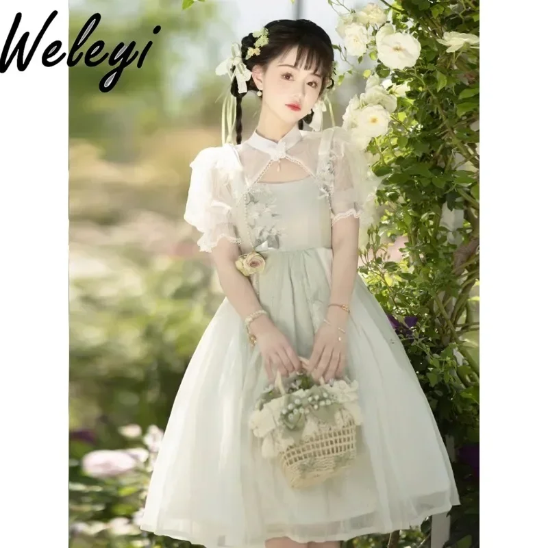 

Super Cute Lolita Dresses Woman 2024 Summer Clothes Sweet Han Elements Wind Chime Lily Fresh Op Short Sleeve Fashion Fairy Dress