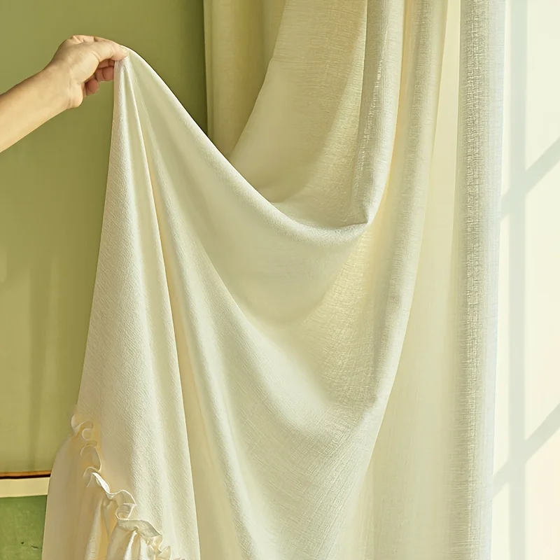 Modern Semi-Sheer Curtains Privacy Imitation Hemp Panels for Living Room Bedroom Rod Pocket Hook Hanging Romantic Ruffle Skirt