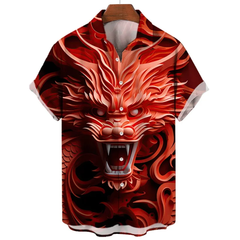 Herrenmode, lässig, kurzärmelig, Strandhemden, voller Druck, Drachenmuster, Hawaii-Hemd, neu in Aloha-Hemden mit Knöpfen