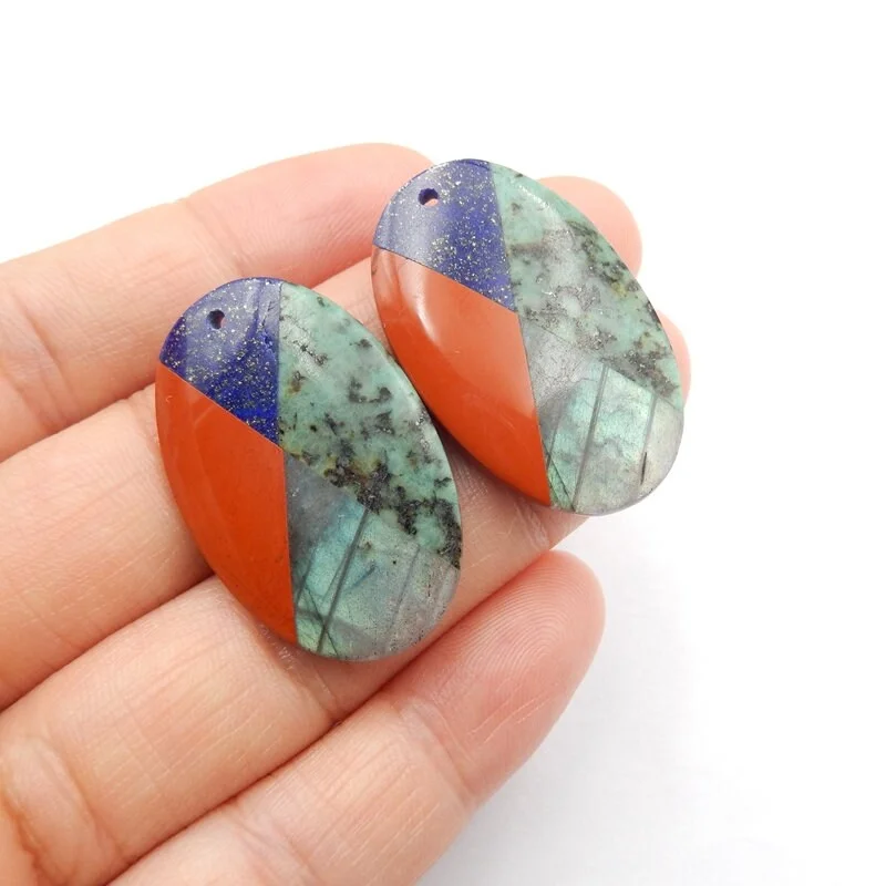 Natural Gemstone Red River Jasper and Labradorite, Lapis Lazuli,Malachite Intarsia , Gemstone Beads for Jewelry DIY Making