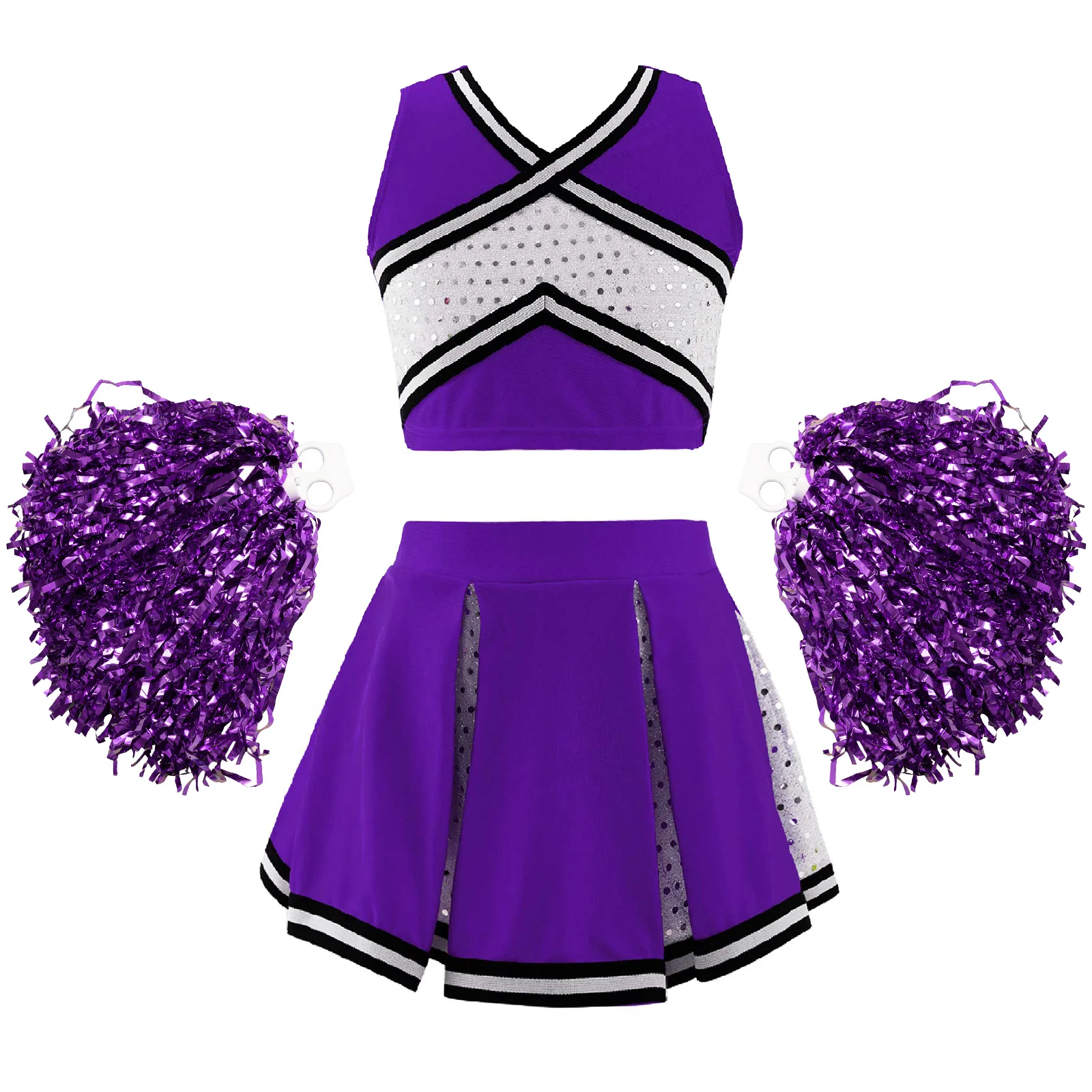 Uniforme de Cheerleading Listrado Feminino, Traje de Dança, Top Decote V Frente, Saia Plissada, Roupa De Bolas De Flores, Crianças, 2Pcs