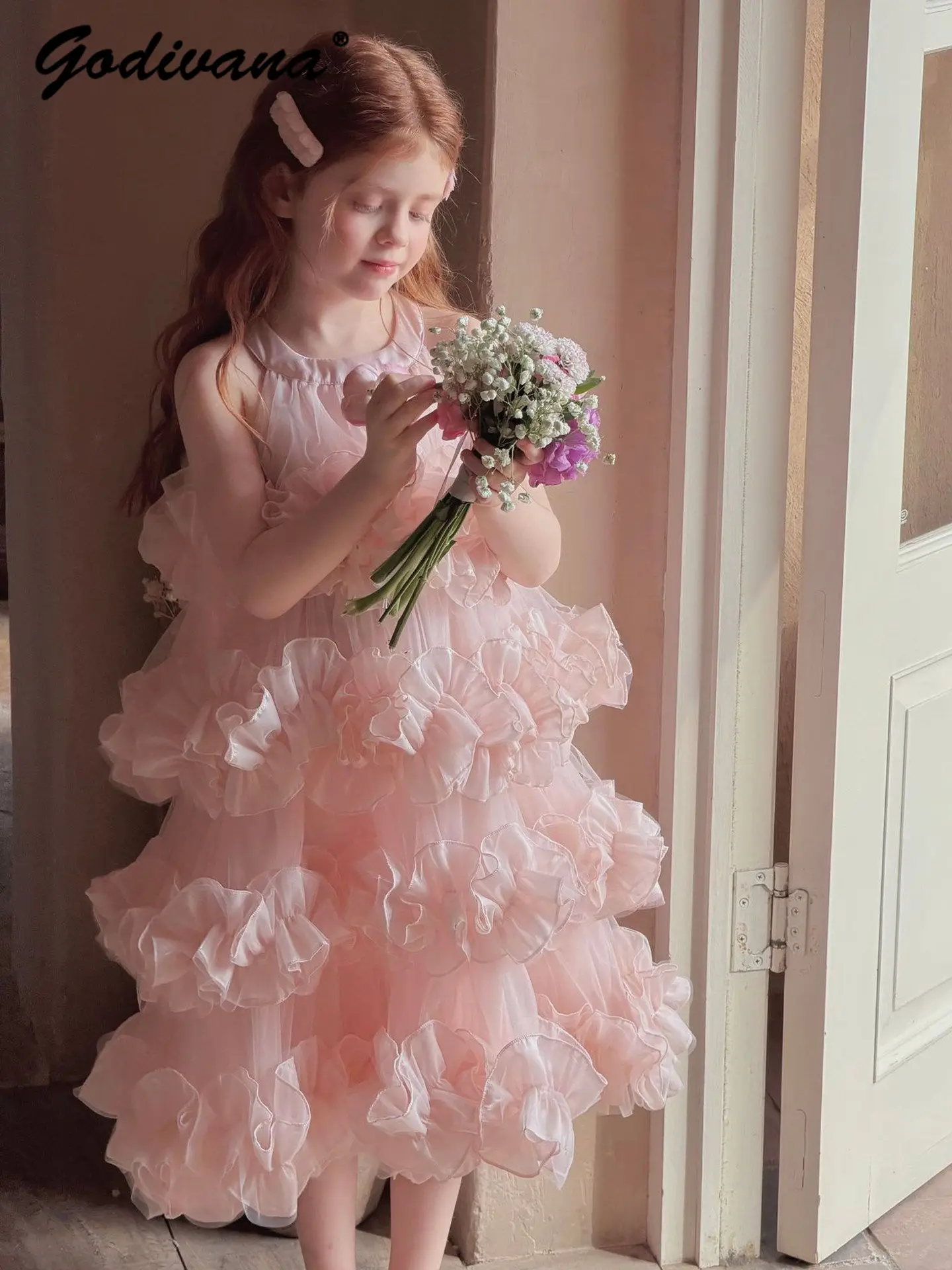 Sweet Girls Spring and Summer Princess Dress Childrens 3d Floral Sleeveless Halter Neck Elegant Dresses Birthday Party Ball Gown