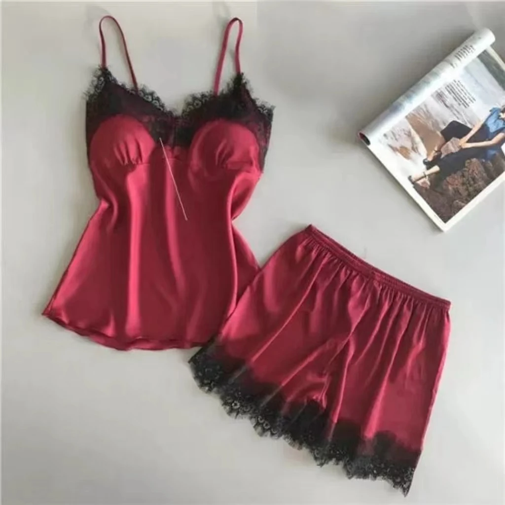 Women\'s Halter Pajamas 2 PCS Camisole And Shorts Home Wear Red Black Sexy Lace S M Ventilate Comfort