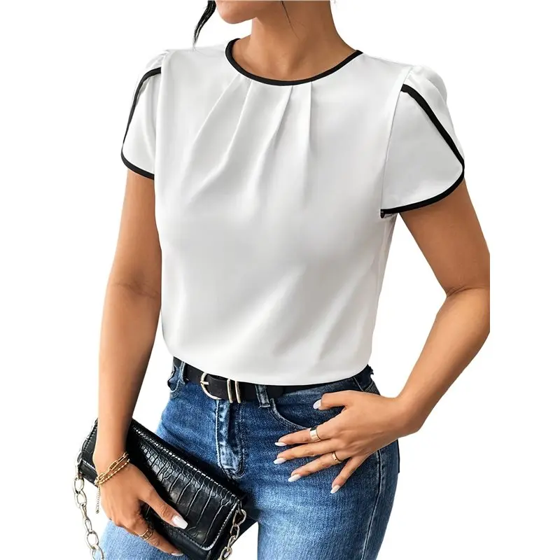 

CYL-Women's Casual Work Top Cap Sleeve Round Neck Keyhole Business Blouse