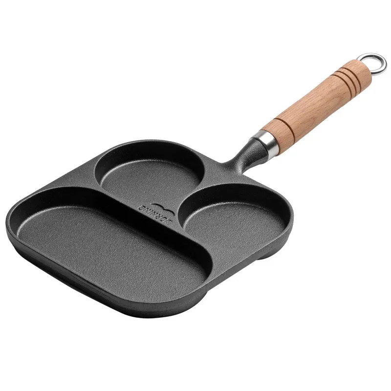 Three Cavities Cast Iron Omelet Pan for Breakfast, Non-stick Egg Frying Pan Cooker with Wooden Handle