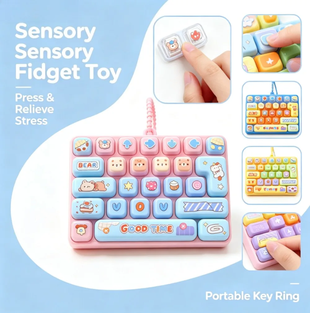 Candy Color Fidget Keycap Clicker Keychain Cute 26 Keys Stress Relief Keyboard Toy Bag Pendant Cartoon Fidget Key Ring view 4