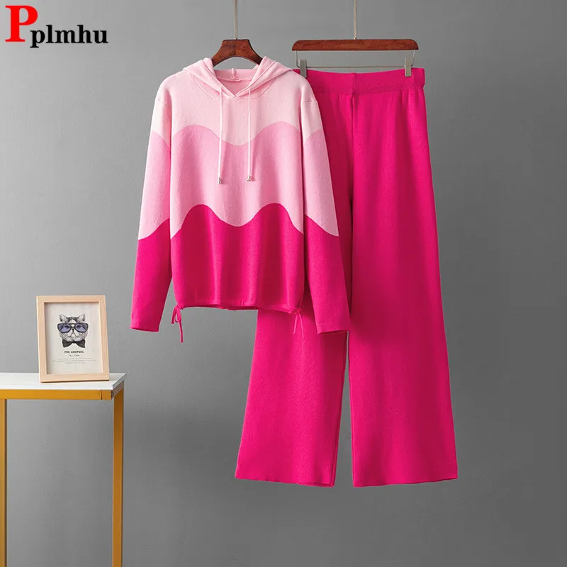 Koreańskie modne dzianinowe komplety dwuczęściowe damskie z kapturem, sweter w paski, bluzki, zestawy casualowe, spodnie proste z wysokim stanem.