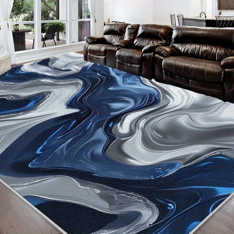 1pc of an Abstract Area Rug Featuring a Blue And silvery Wavy Design, Lightweight, Washable, And Easy to Handle, Suitable for