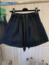High Waist Wide Leg Pants Women's A-Line Short Suit Pants Elastic Waist Korean Style Simple Pure Color Casual Trousers