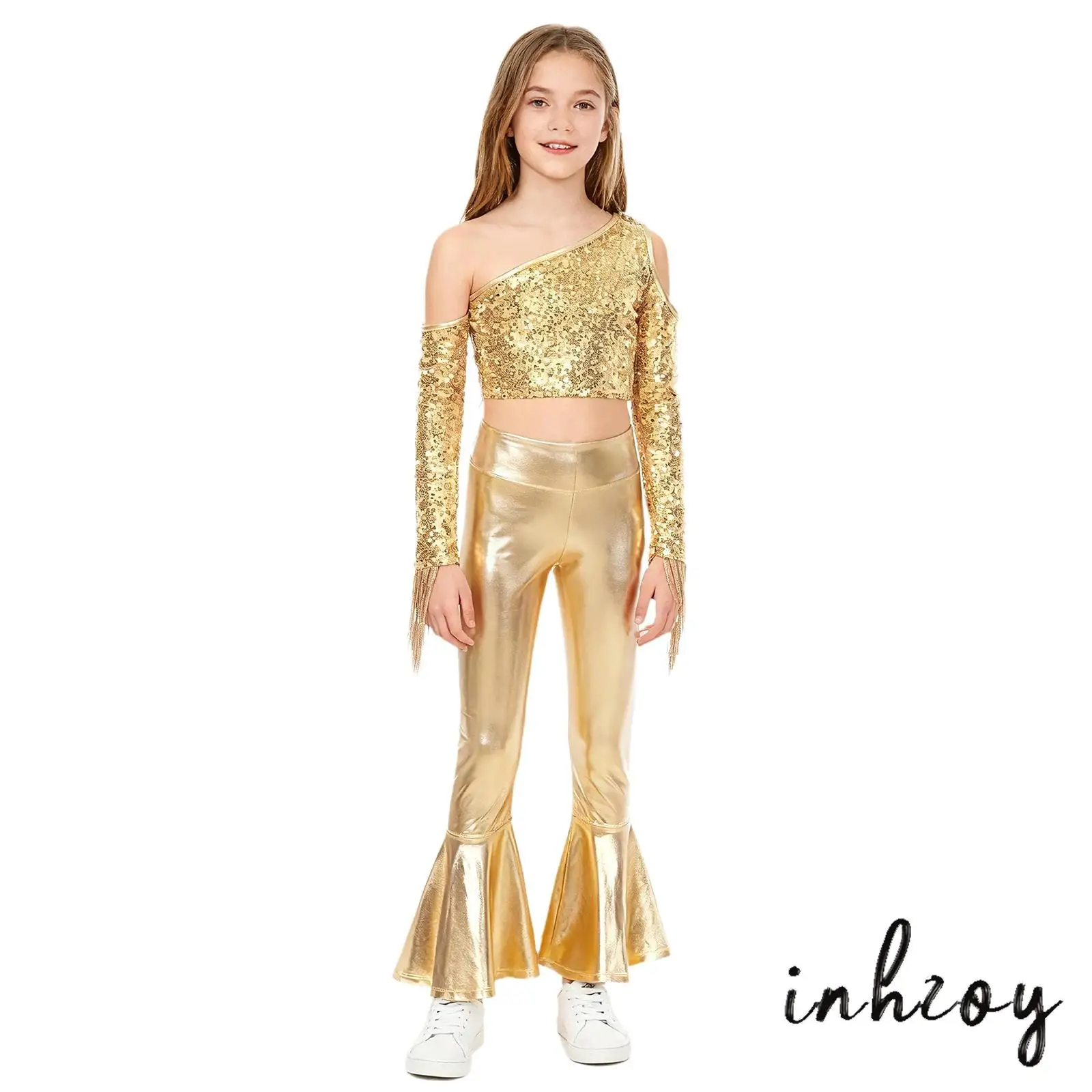 

Kids Girls Sequin Jazz Street Dance Competition Costume Shiny Disco Dance Crop Top with Flare Pants School Cheerleading Outfit