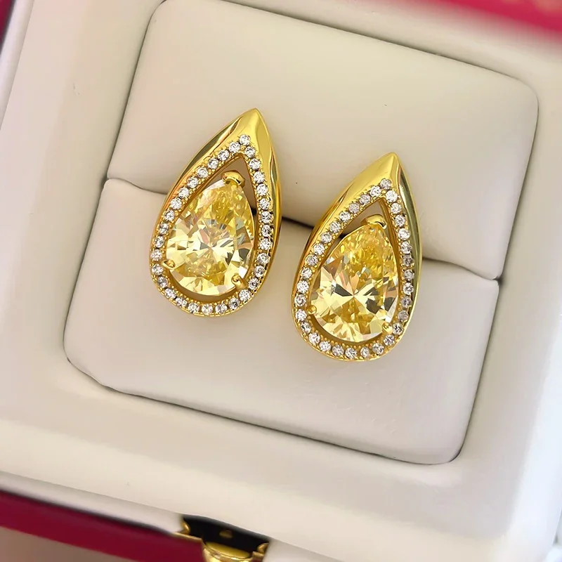 CAOSHI Luxury Yellow Cubic Zirconia Women Stud Earrings Modern Design Pear Shaped Elegant Accessories Party Temperament Jewelry