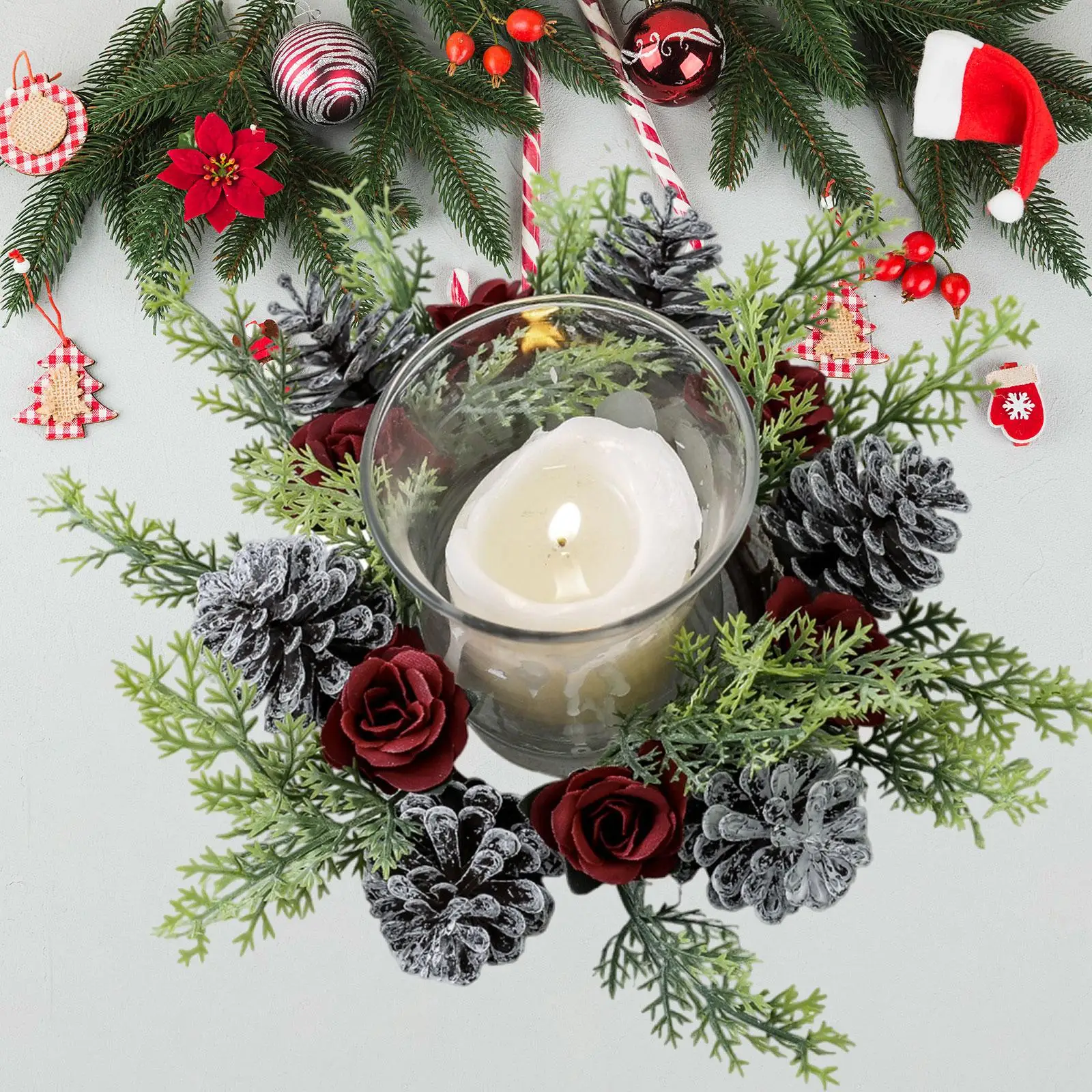 Artificial Pillar Candle Wreath Multicolor Christmas Circle for Door Wall Holiday Decoration