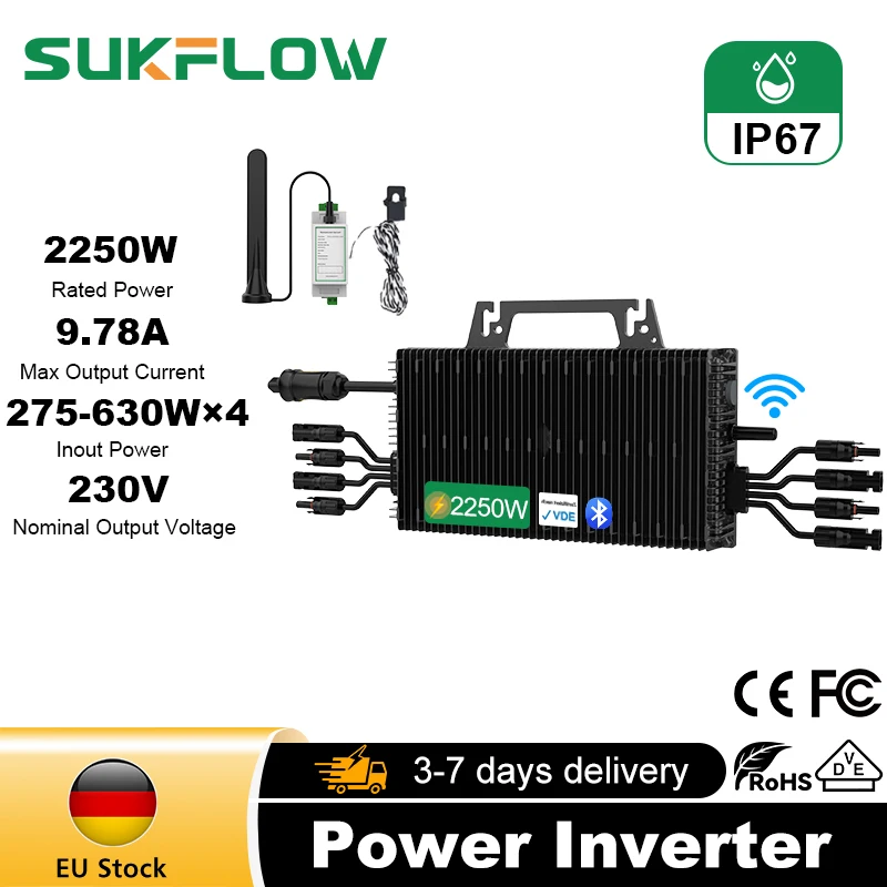SUKFLOW 2250W Solar-Wechselrichter Anti-Rückfluss MPPT Reine Sinuswelle VDE-konform CE-zertifiziert für Deutsche Heim-Balkon-Photovoltaik-Systeme