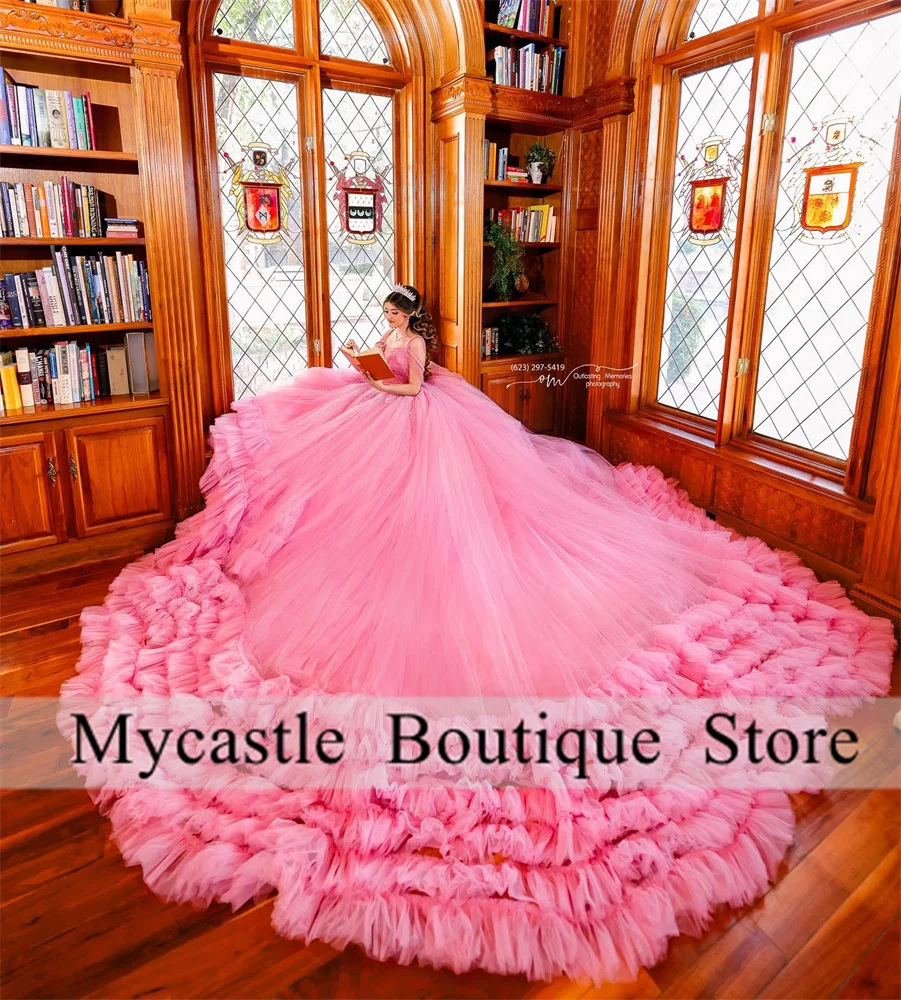 

Pink Tulle Quinceanera Dresses Ball Gown 2024 Beaded Lace Appliques Ruffled Sweet 16 Dress Vestidos De XV Años