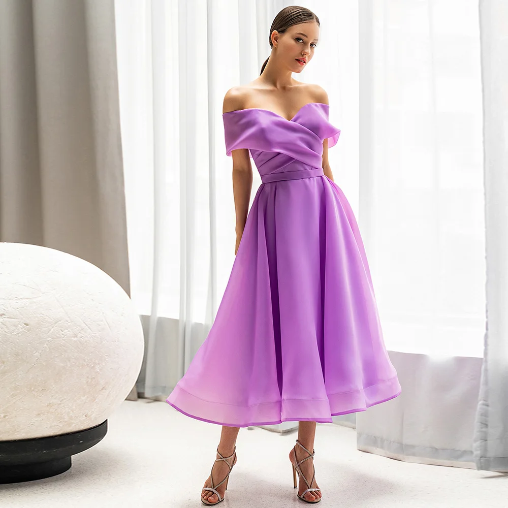 

Lilac Bridesmaid Dress Organza Off Shoulder A Line Simple Bridesmaid Gown Midi Tea Length Backless 2023 Women's Party Dresses